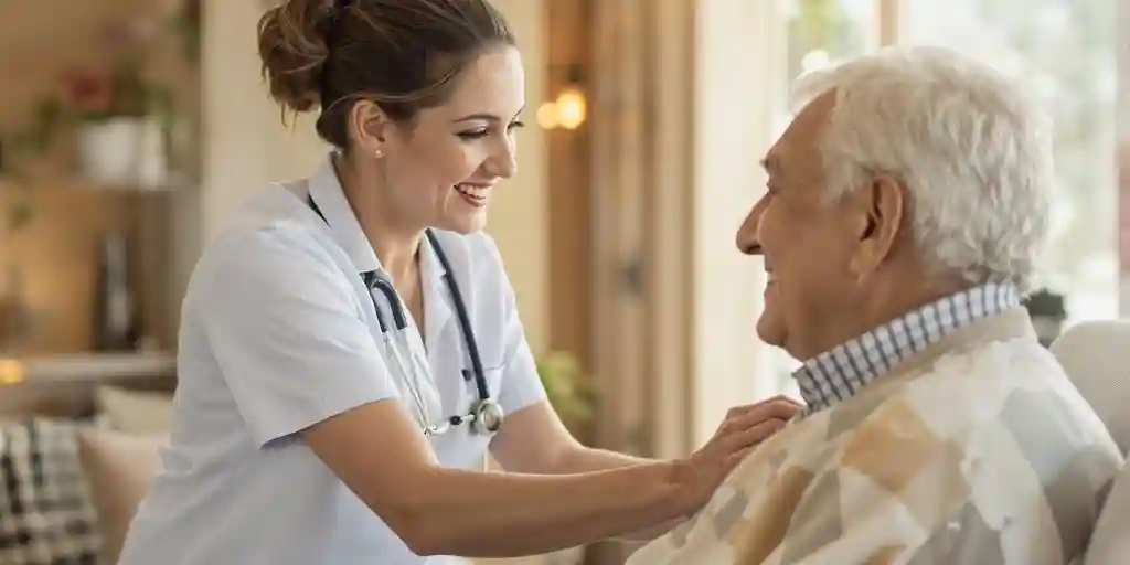 Caregiver helping elderly person in a cozy home environment