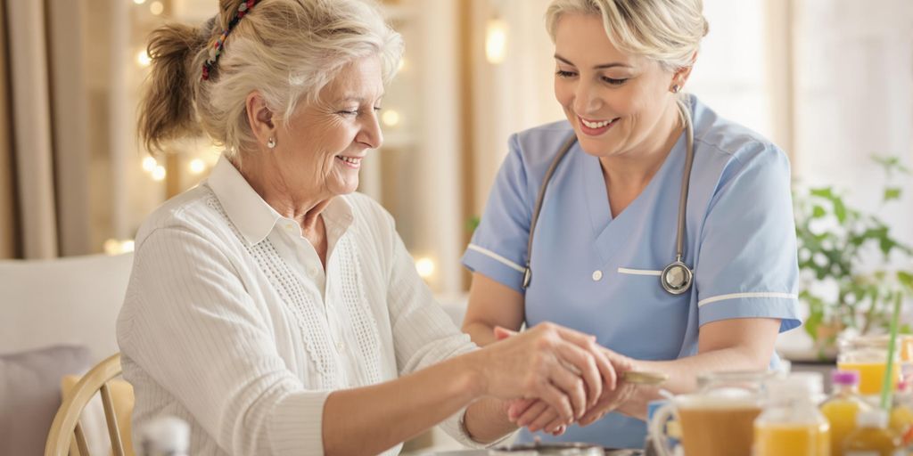 Caregiver helping elderly person in a cozy home setting.