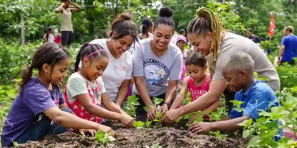 Diverse group working together in a community garden.
