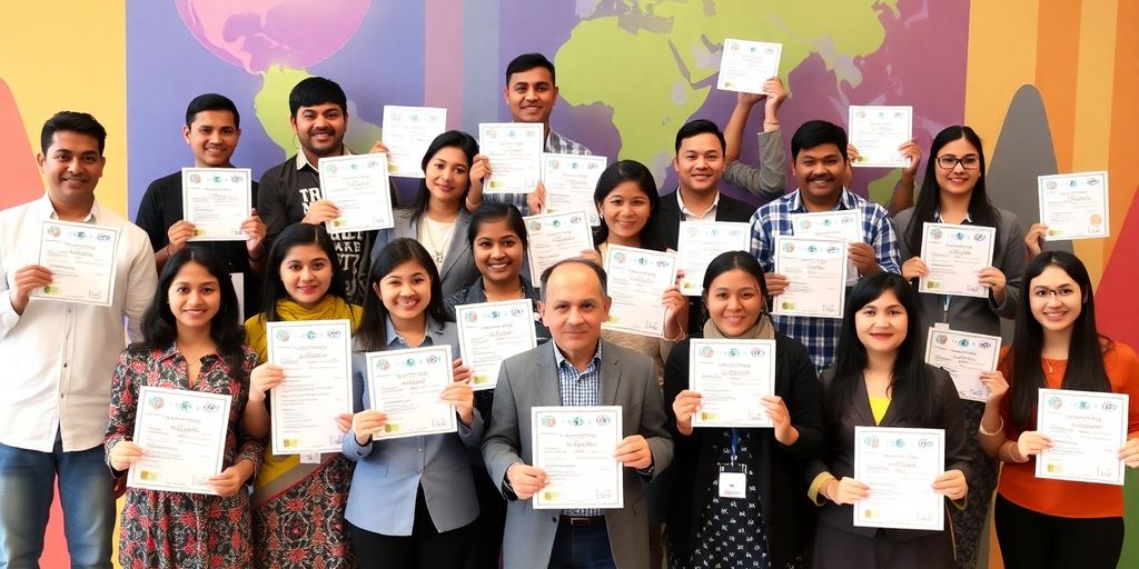 Diverse group holding international certification cards proudly