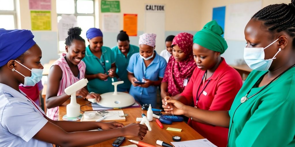 Healthcare trainees practicing medical skills in a Kenyan classroom