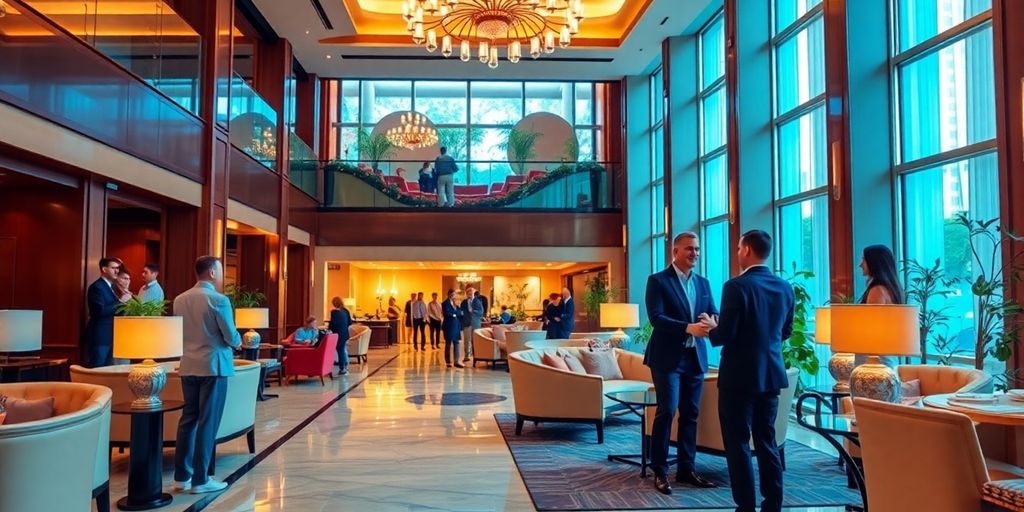 Luxurious hotel lobby with guests and attentive staff