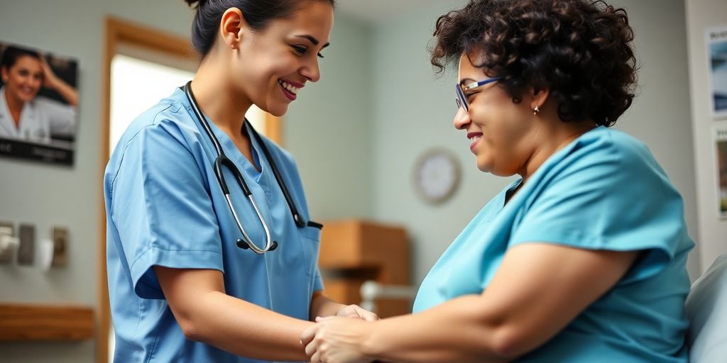 Nursing assistant caring for a patient in a medical setting