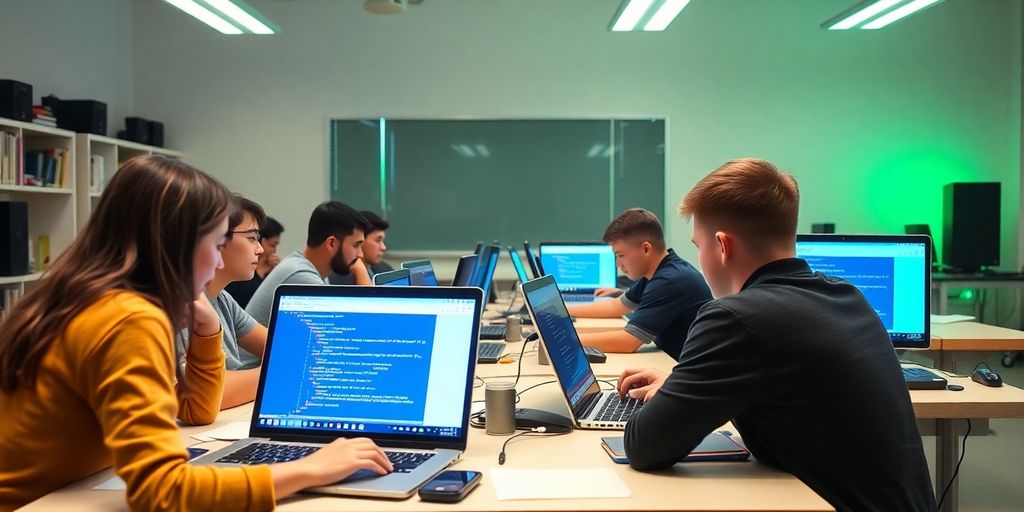 Students engaged in computer courses with laptops in a classroom.