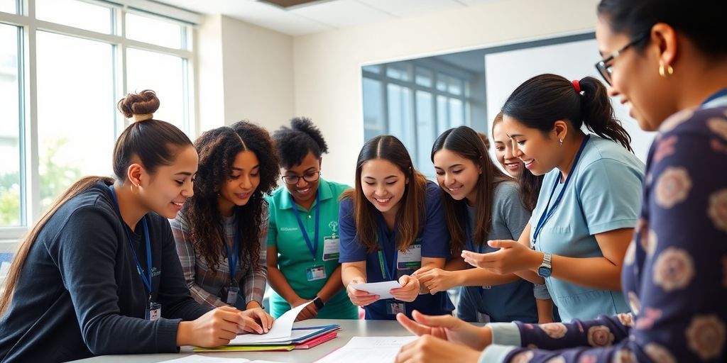 Diverse health assistants collaborating in a training session.