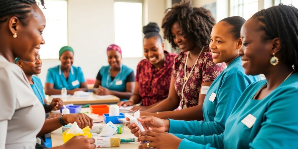 Diverse caregivers training in a bright classroom environment.