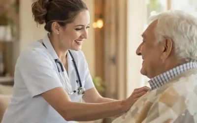 Caregiver helping elderly person in a cozy home environment