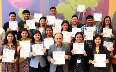 Diverse group holding international certification cards proudly