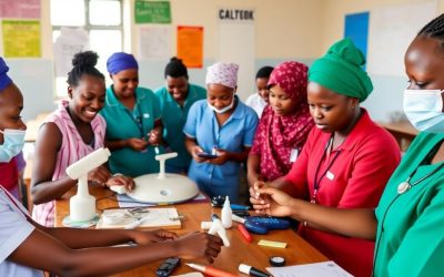 Healthcare trainees practicing medical skills in a Kenyan classroom