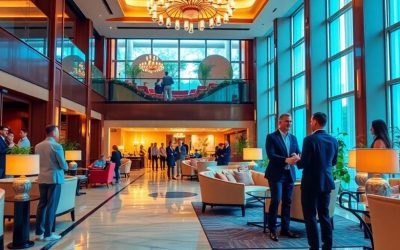 Luxurious hotel lobby with guests and attentive staff