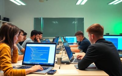 Students engaged in computer courses with laptops in a classroom.